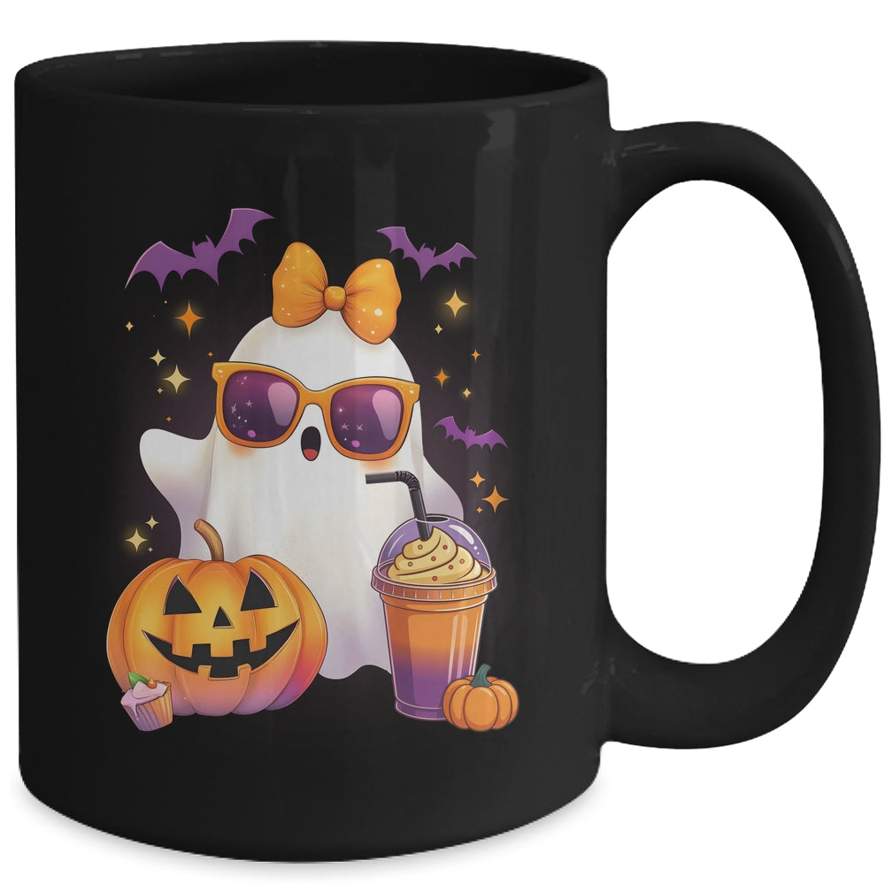Spooky Cute Ghost Drinking Pumpkin Iced Coffee Halloween Bow Mug | teecentury
