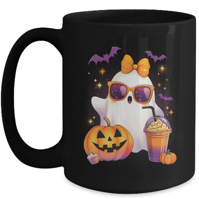 Spooky Cute Ghost Drinking Pumpkin Iced Coffee Halloween Bow Mug | teecentury