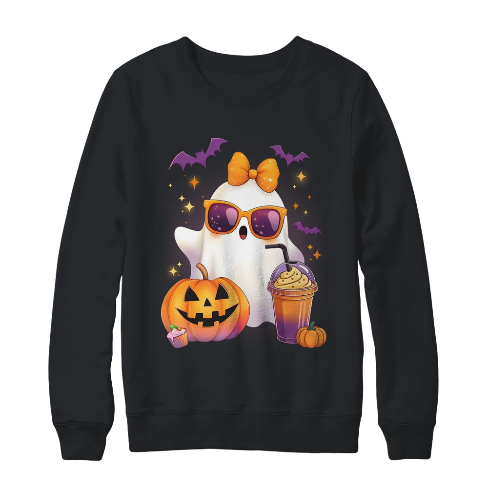 Spooky Cute Ghost Drinking Pumpkin Iced Coffee Halloween Bow Shirt & Sweatshirt | teecentury