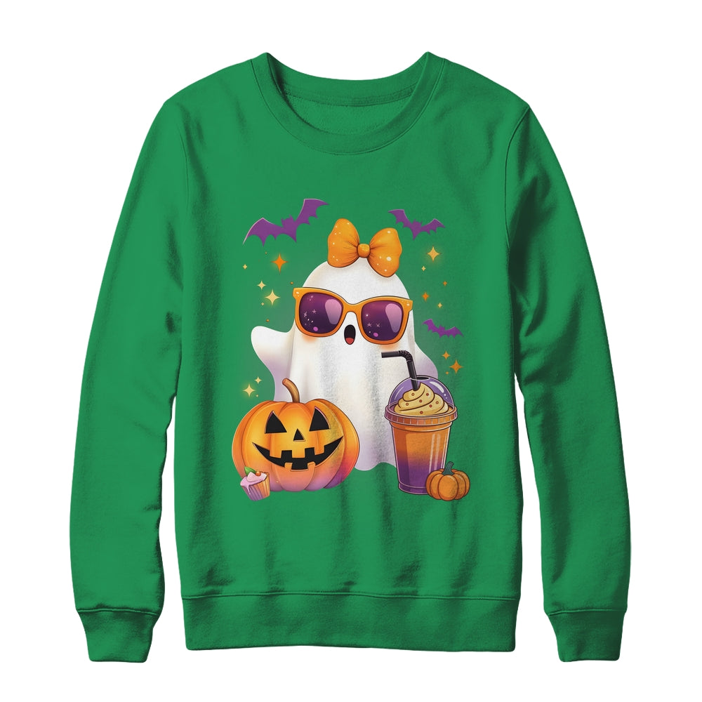 Spooky Cute Ghost Drinking Pumpkin Iced Coffee Halloween Bow Shirt & Sweatshirt | teecentury