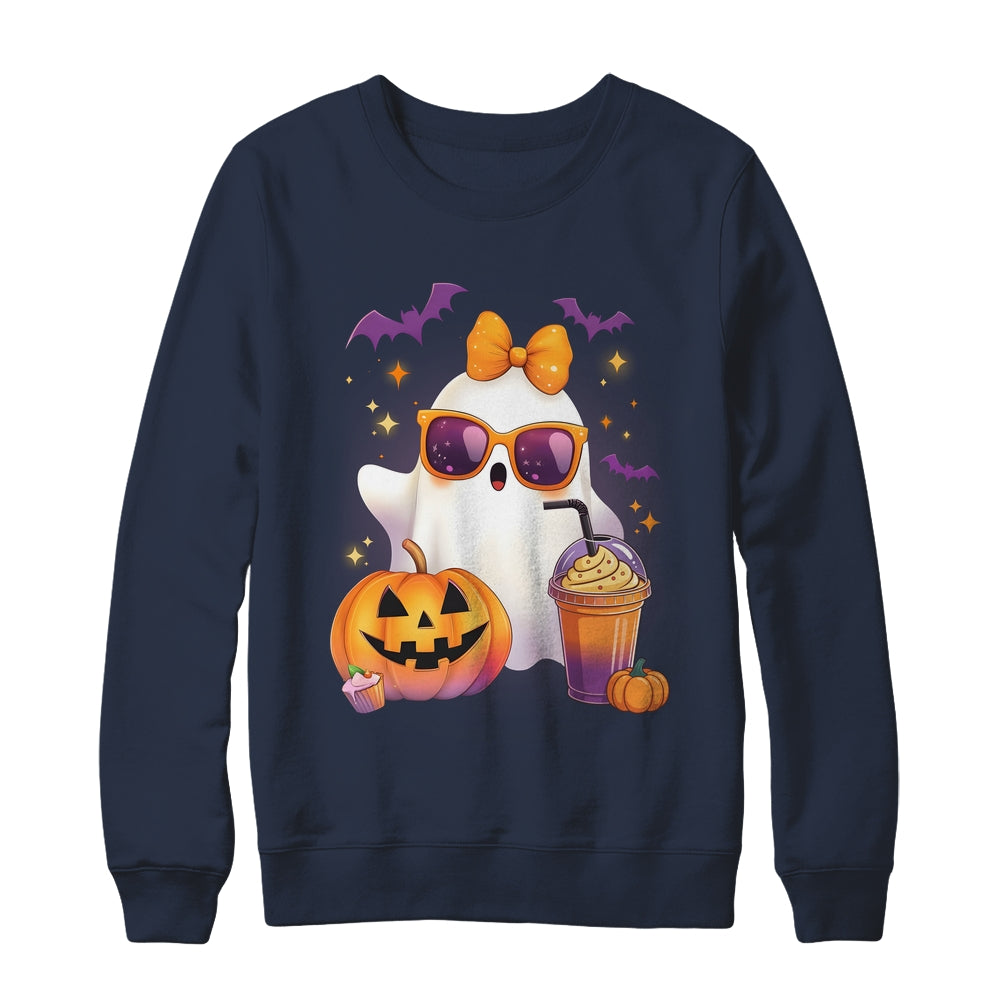 Spooky Cute Ghost Drinking Pumpkin Iced Coffee Halloween Bow Shirt & Sweatshirt | teecentury