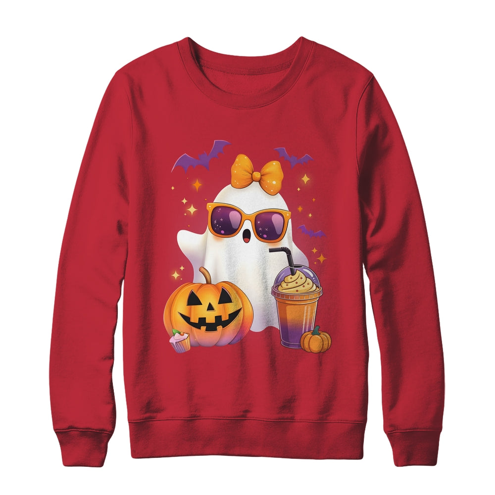 Spooky Cute Ghost Drinking Pumpkin Iced Coffee Halloween Bow Shirt & Sweatshirt | teecentury