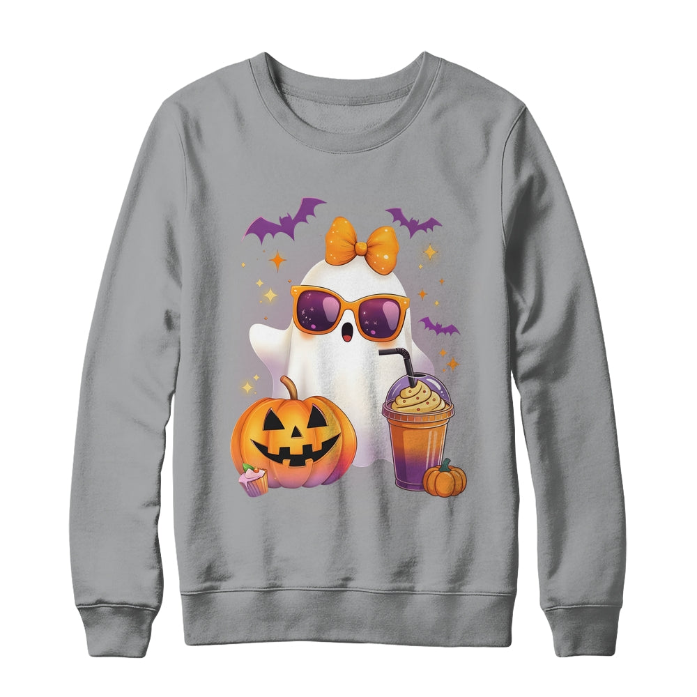 Spooky Cute Ghost Drinking Pumpkin Iced Coffee Halloween Bow Shirt & Sweatshirt | teecentury