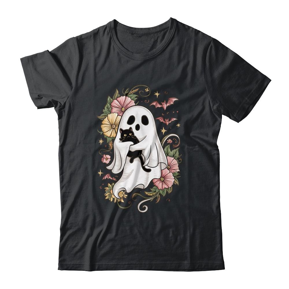 Spooky Ghost Holding Black Cat Groovy Floral Halloween Shirt & Hoodie | teecentury