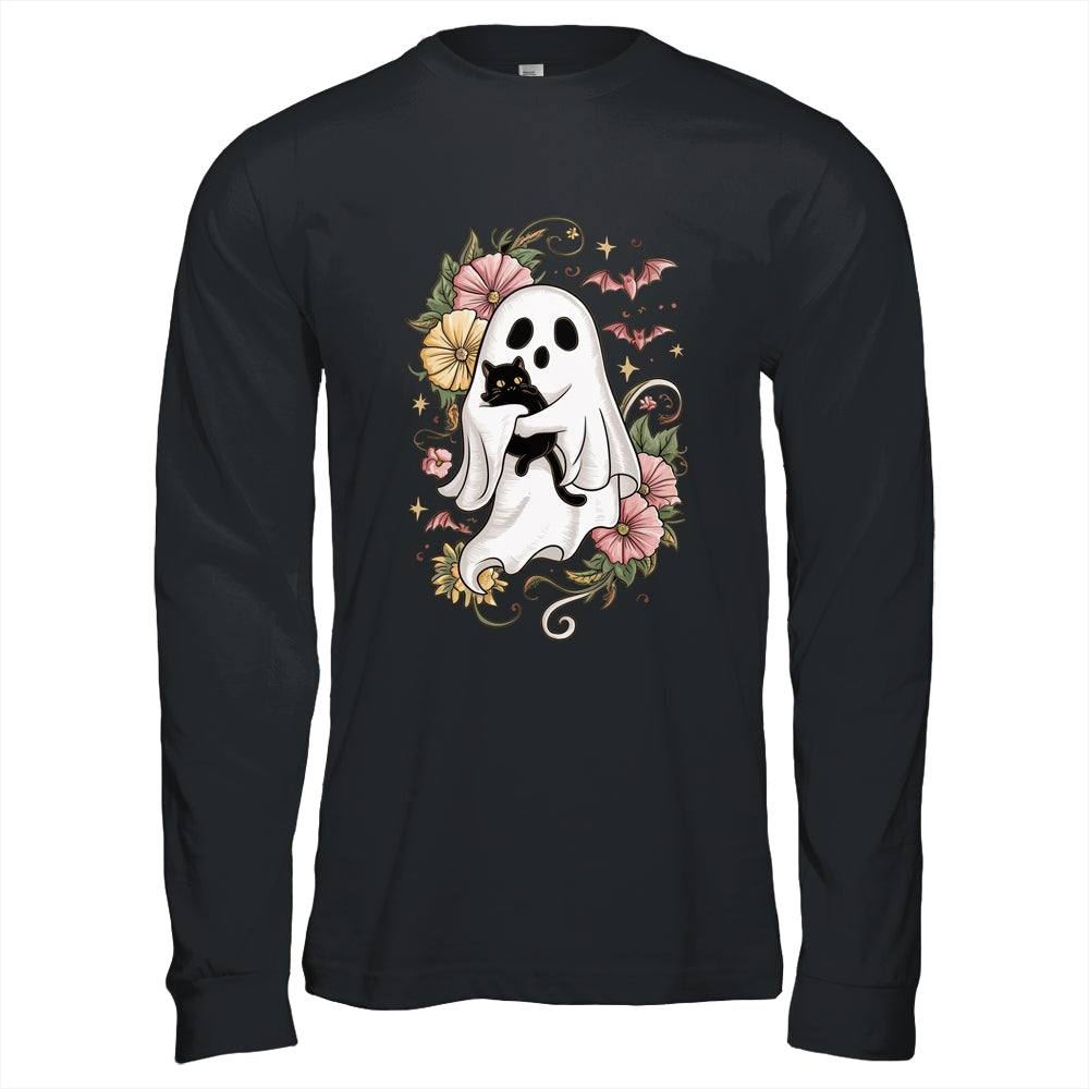 Spooky Ghost Holding Black Cat Groovy Floral Halloween Shirt & Hoodie | teecentury