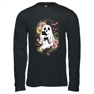 Spooky Ghost Holding Black Cat Groovy Floral Halloween Shirt & Hoodie | teecentury
