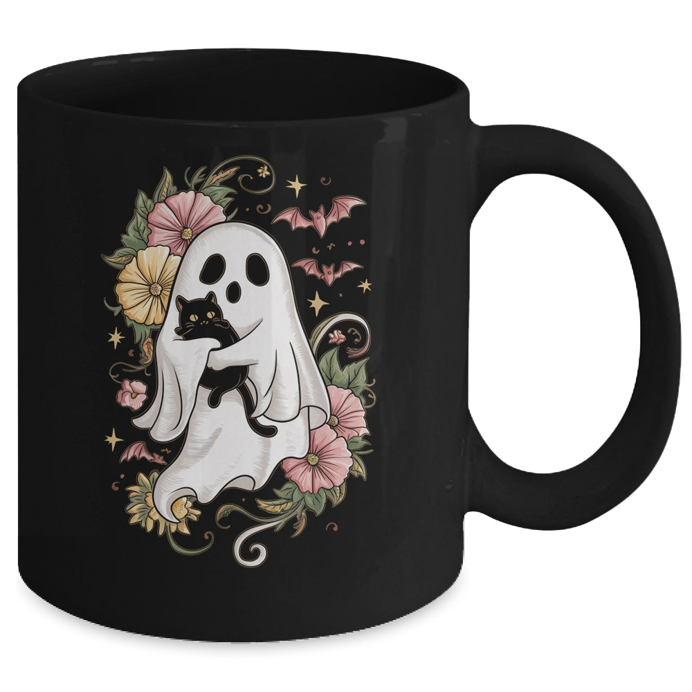 Spooky Ghost Holding Black Cat Groovy Floral Halloween Mug | teecentury