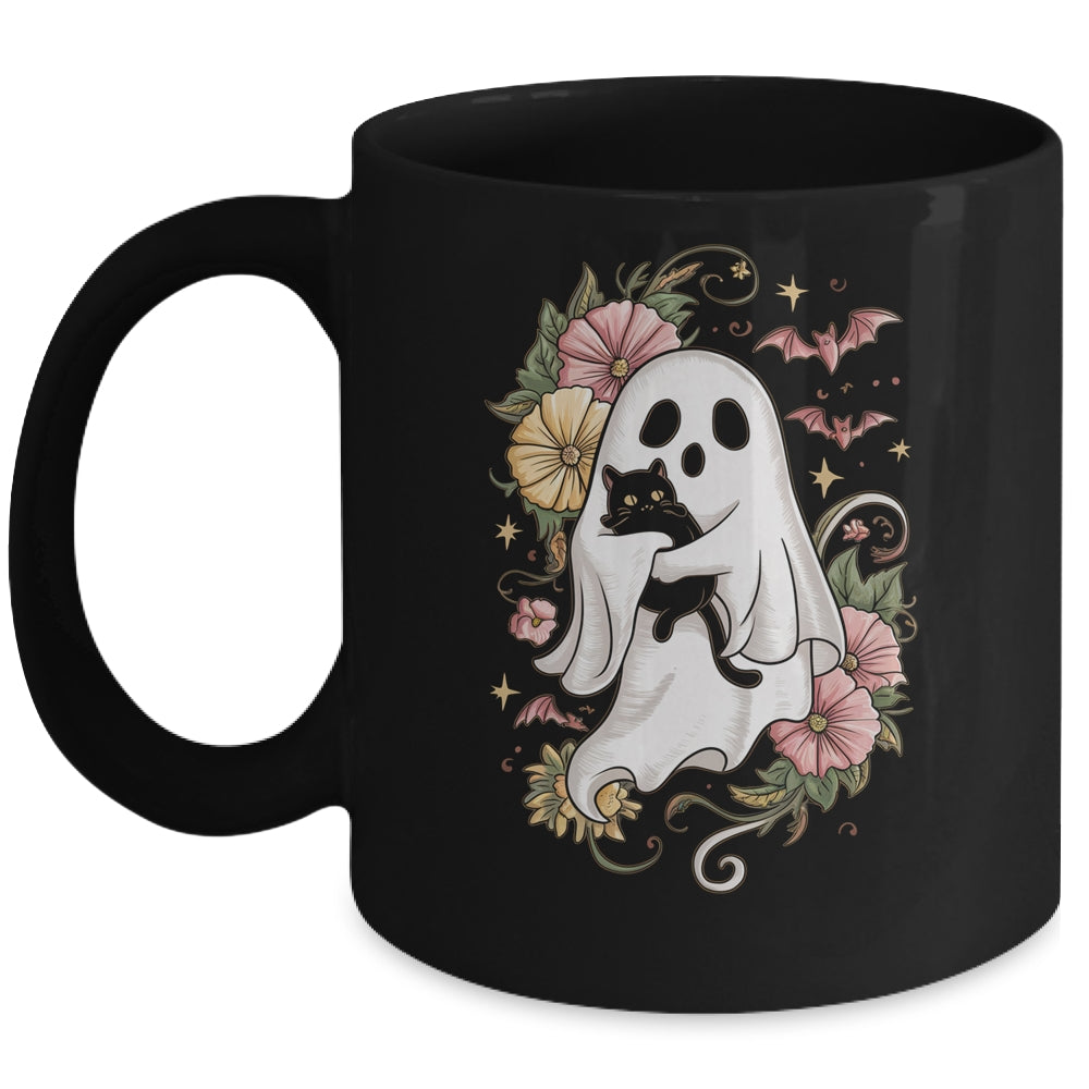Spooky Ghost Holding Black Cat Groovy Floral Halloween Mug | teecentury