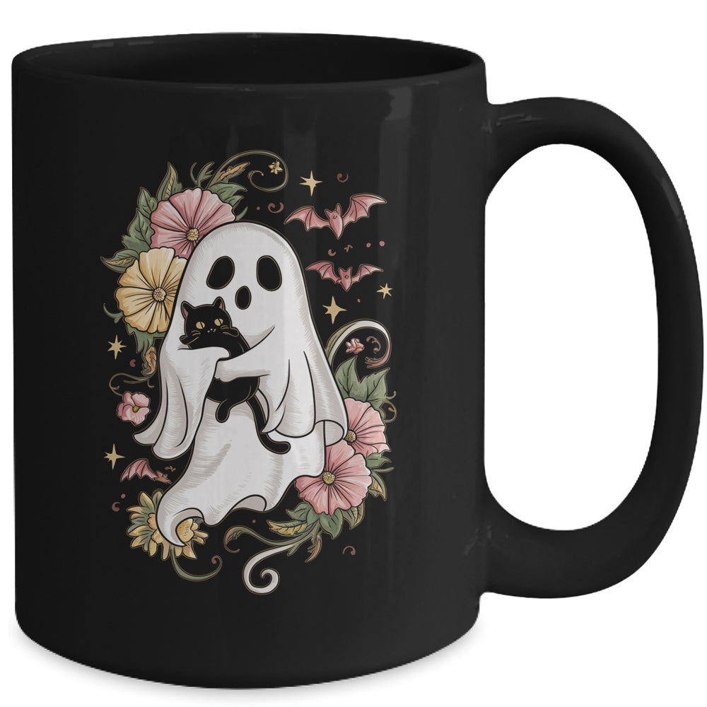 Spooky Ghost Holding Black Cat Groovy Floral Halloween Mug | teecentury
