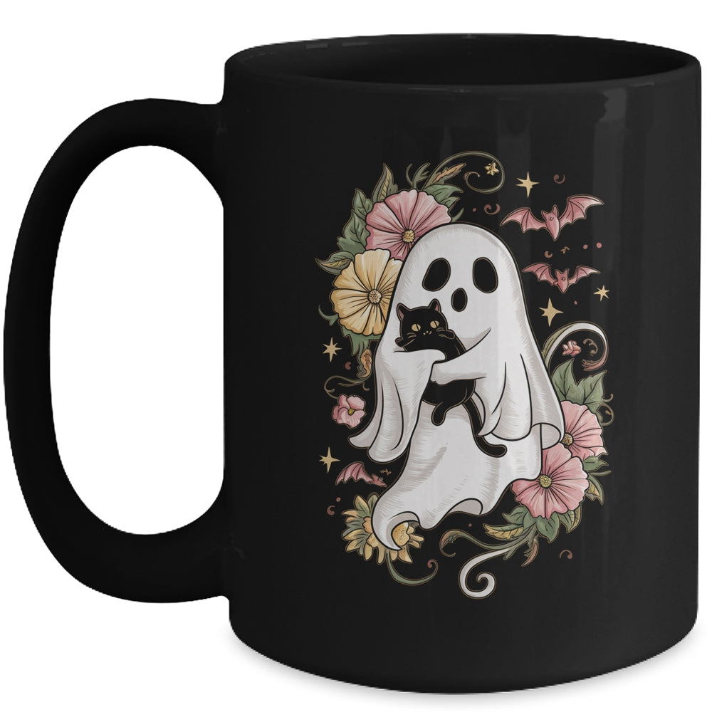 Spooky Ghost Holding Black Cat Groovy Floral Halloween Mug | teecentury