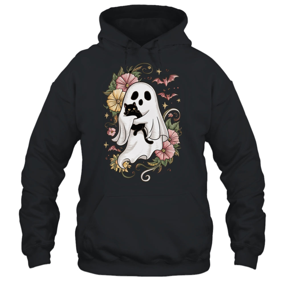 Spooky Ghost Holding Black Cat Groovy Floral Halloween Shirt & Hoodie | teecentury