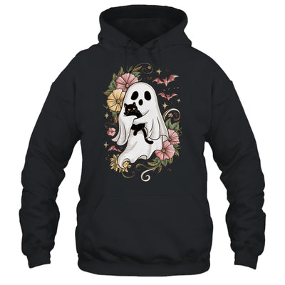 Spooky Ghost Holding Black Cat Groovy Floral Halloween Shirt & Hoodie | teecentury