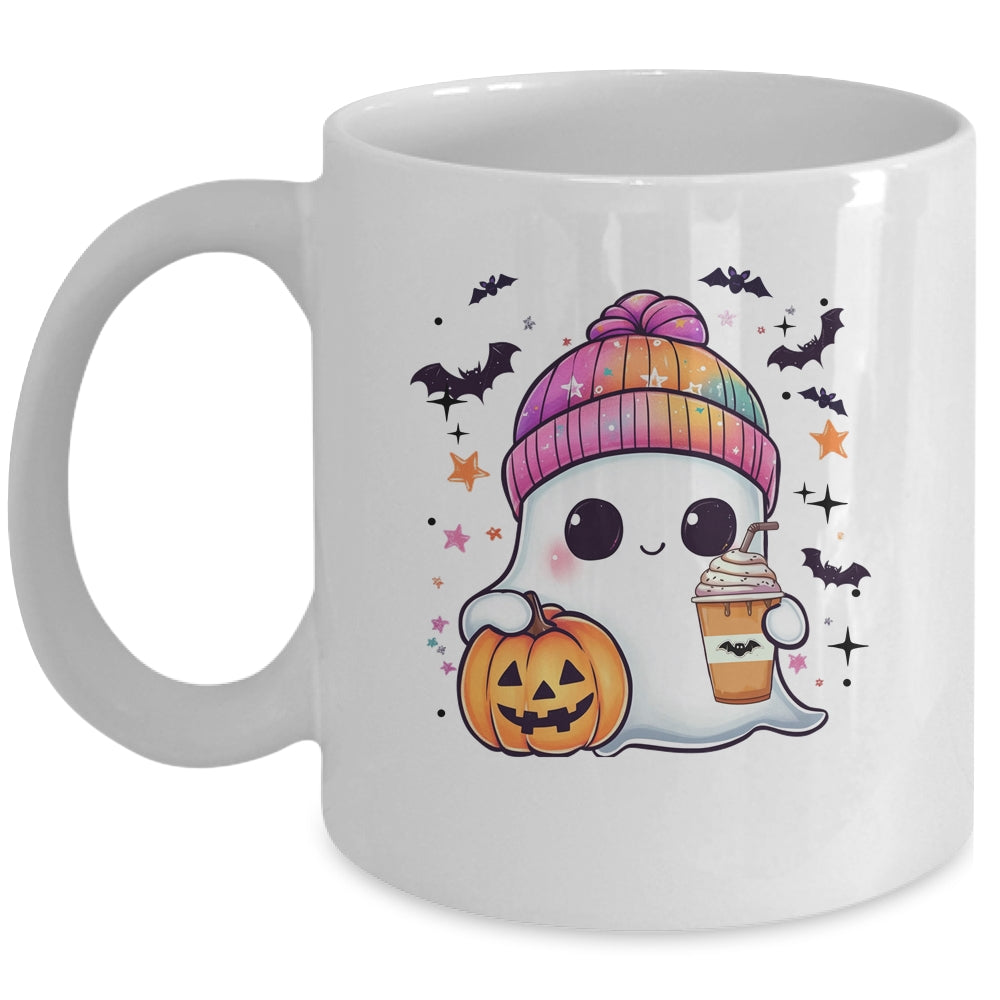 Spooky Season Cute Ghost Drinking Ice Coffee Halloween Womens Mug | teecentury
