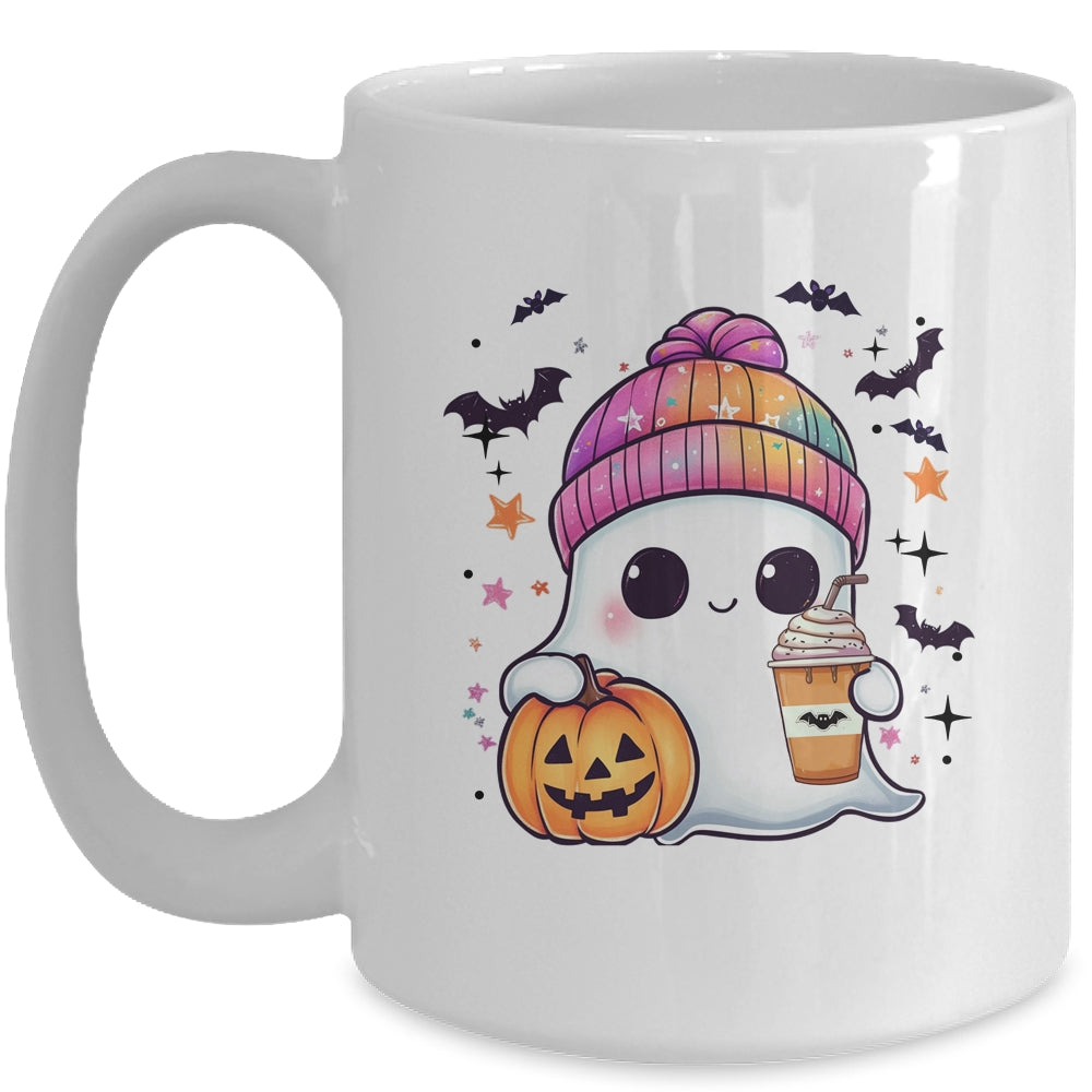 Spooky Season Cute Ghost Drinking Ice Coffee Halloween Womens Mug | teecentury