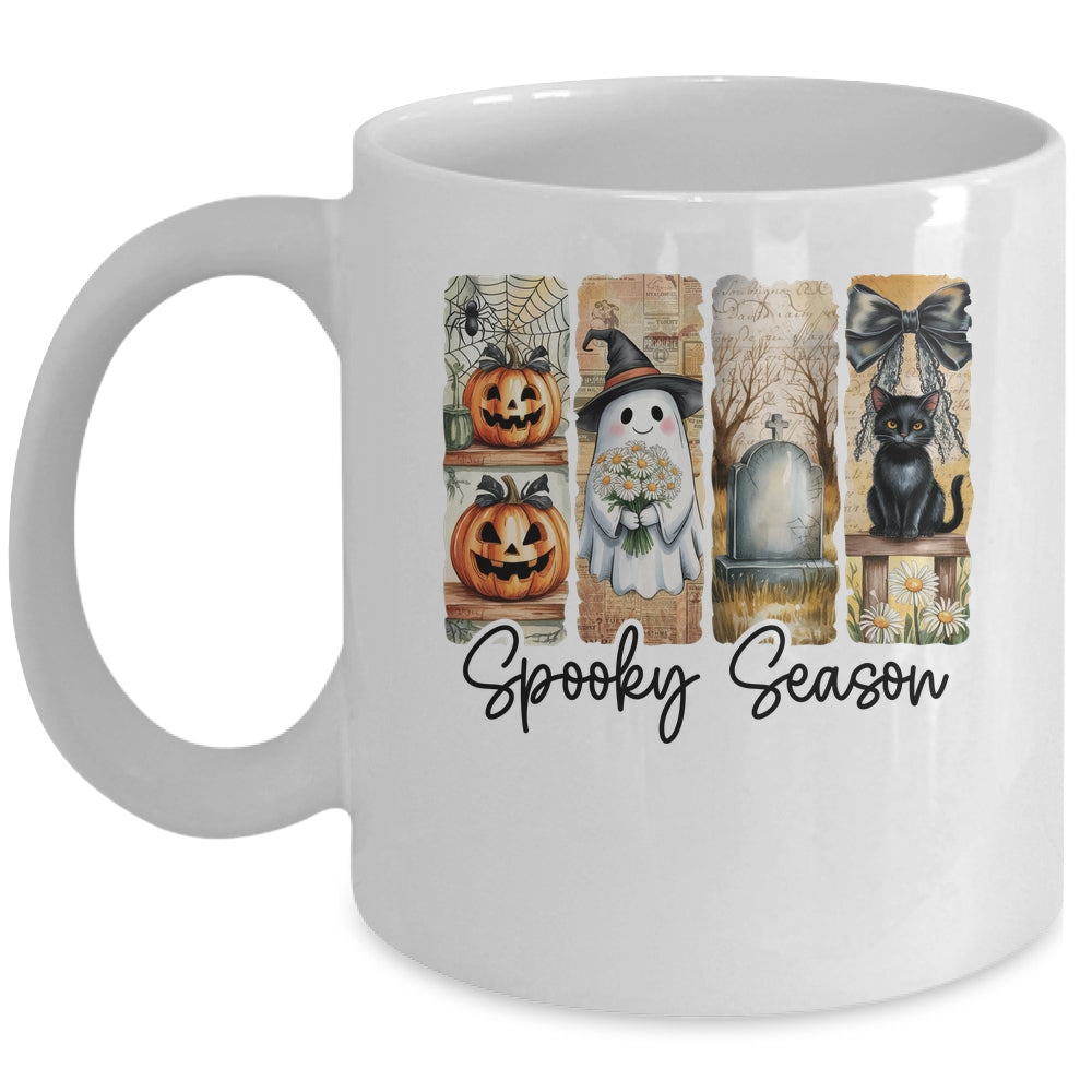 Spooky Season Vintage Halloween Ghost Cat Coquette Pumpkin Mug | teecentury
