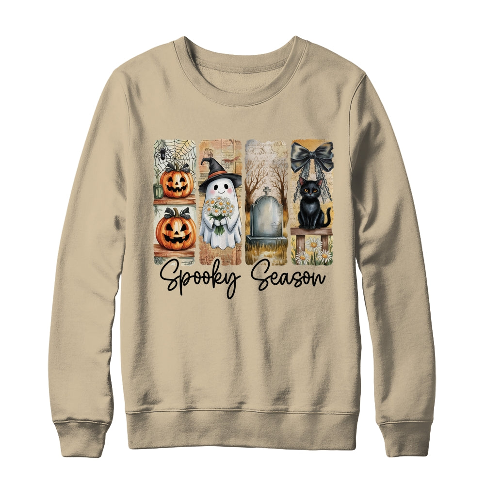 Spooky Season Vintage Halloween Ghost Cat Coquette Pumpkin Shirt & Sweatshirt | teecentury