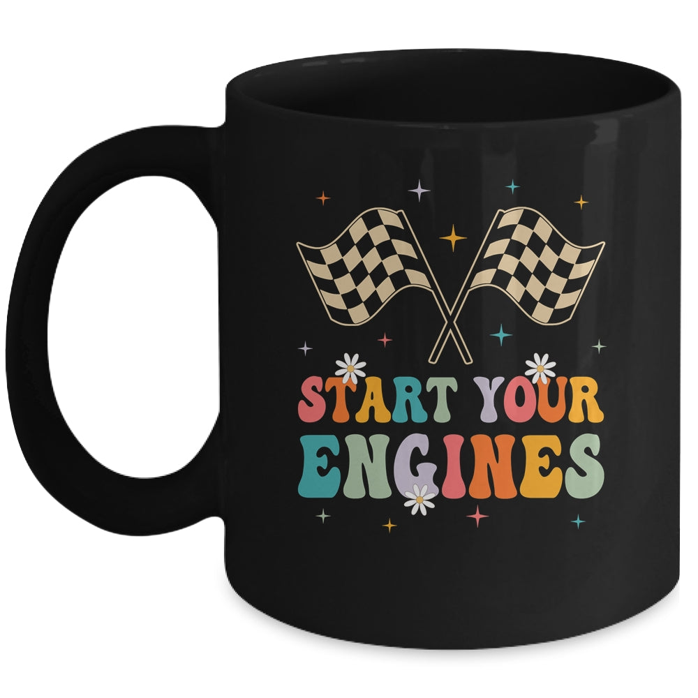 Start Your Engines Groovy Checkered Flag Retro Racing Race Mug | teecentury