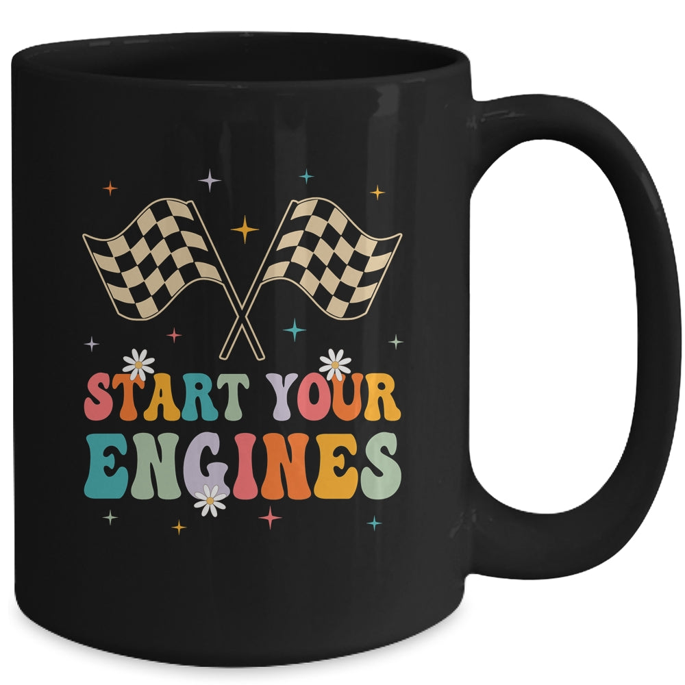 Start Your Engines Groovy Checkered Flag Retro Racing Race Mug | teecentury
