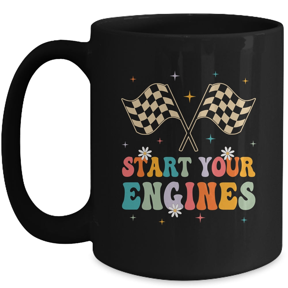 Start Your Engines Groovy Checkered Flag Retro Racing Race Mug | teecentury