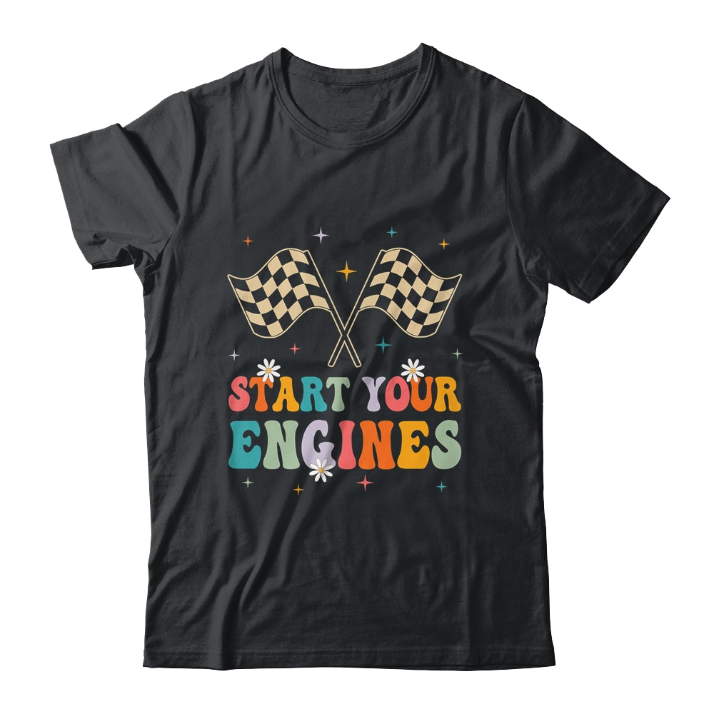 Start Your Engines Groovy Checkered Flag Retro Racing Race Shirt & Tank Top | teecentury