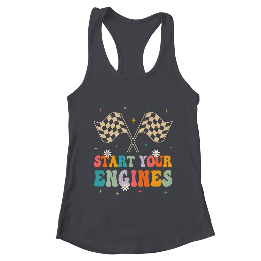Start Your Engines Groovy Checkered Flag Retro Racing Race Shirt & Tank Top | teecentury