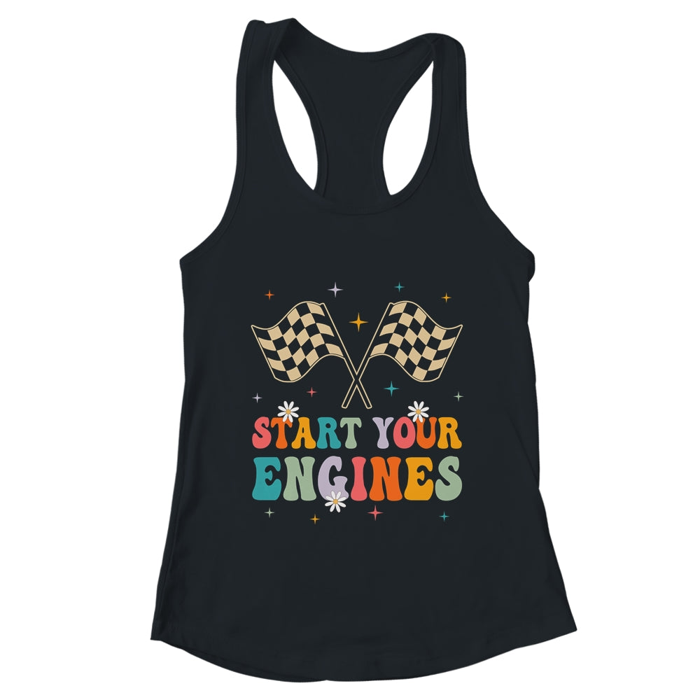 Start Your Engines Groovy Checkered Flag Retro Racing Race Shirt & Tank Top | teecentury