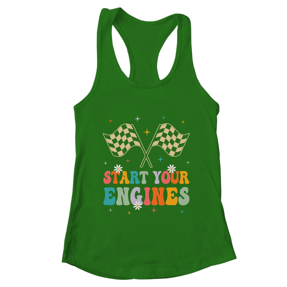 Start Your Engines Groovy Checkered Flag Retro Racing Race Shirt & Tank Top | teecentury