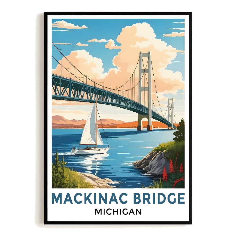 Straits Of Mackinac Bridge Michigan Vintage Travel Poster Wall Art Landscape Prints Paintings Picture For Home Room Living Room Office Bedroom Aesthetic Decor Unframed | teecentury