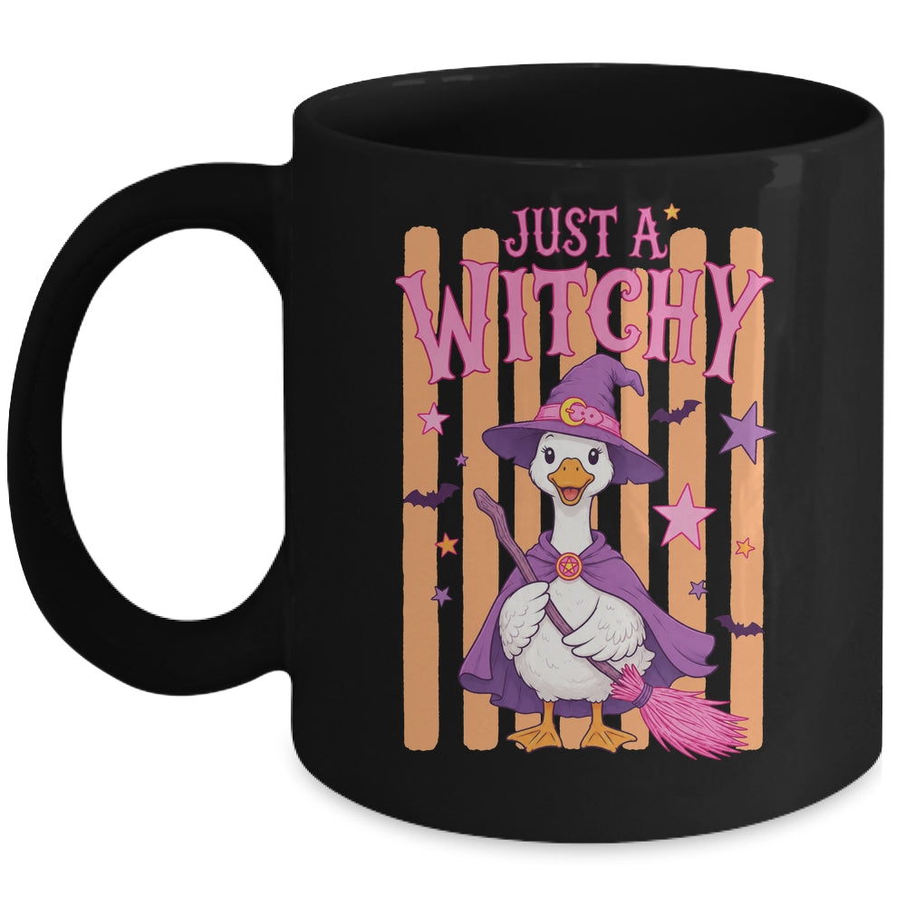Striped Funny Just A Witchy Goose Spooky Season Halloween Mug | teecentury