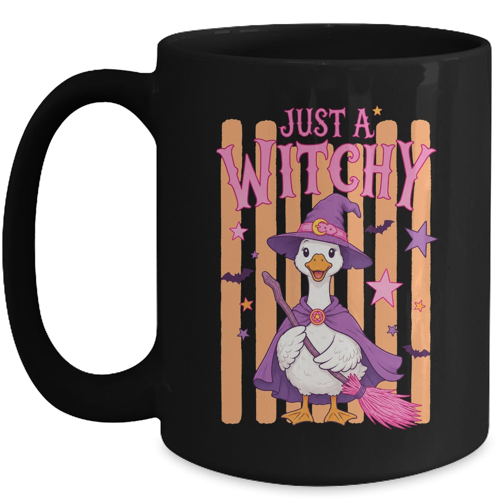 Striped Funny Just A Witchy Goose Spooky Season Halloween Mug | teecentury