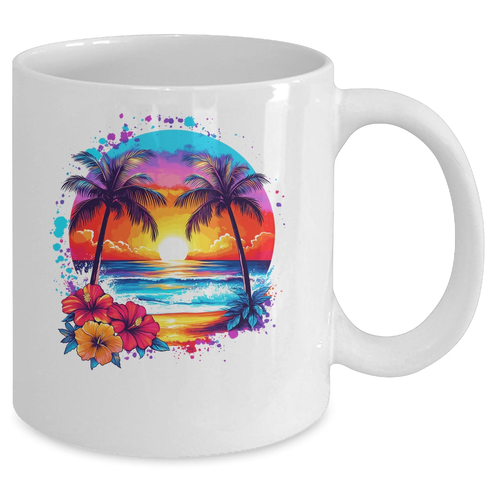 Summer Vacation Beach Palm Trees Hibiscus Flowers Sunset Mug | teecentury