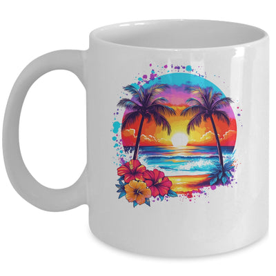 Summer Vacation Beach Palm Trees Hibiscus Flowers Sunset Mug | teecentury