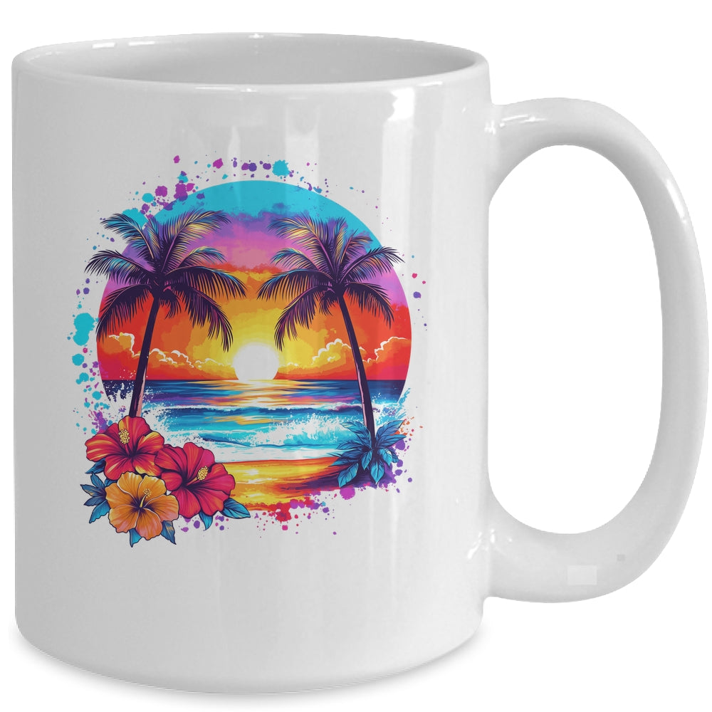 Summer Vacation Beach Palm Trees Hibiscus Flowers Sunset Mug | teecentury