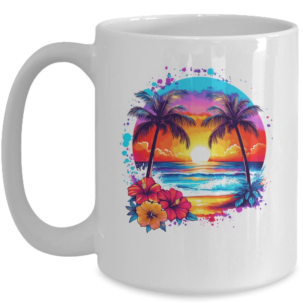 Summer Vacation Beach Palm Trees Hibiscus Flowers Sunset Mug | teecentury