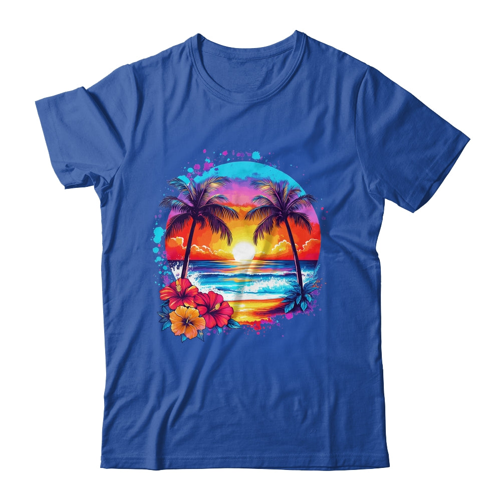 Summer Vacation Beach Palm Trees Hibiscus Flowers Sunset Shirt & Tank Top | teecentury