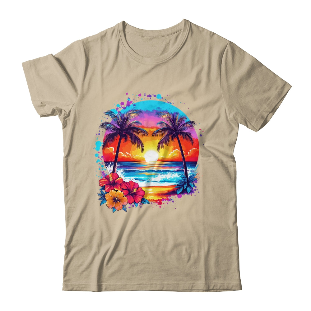 Summer Vacation Beach Palm Trees Hibiscus Flowers Sunset Shirt & Tank Top | teecentury