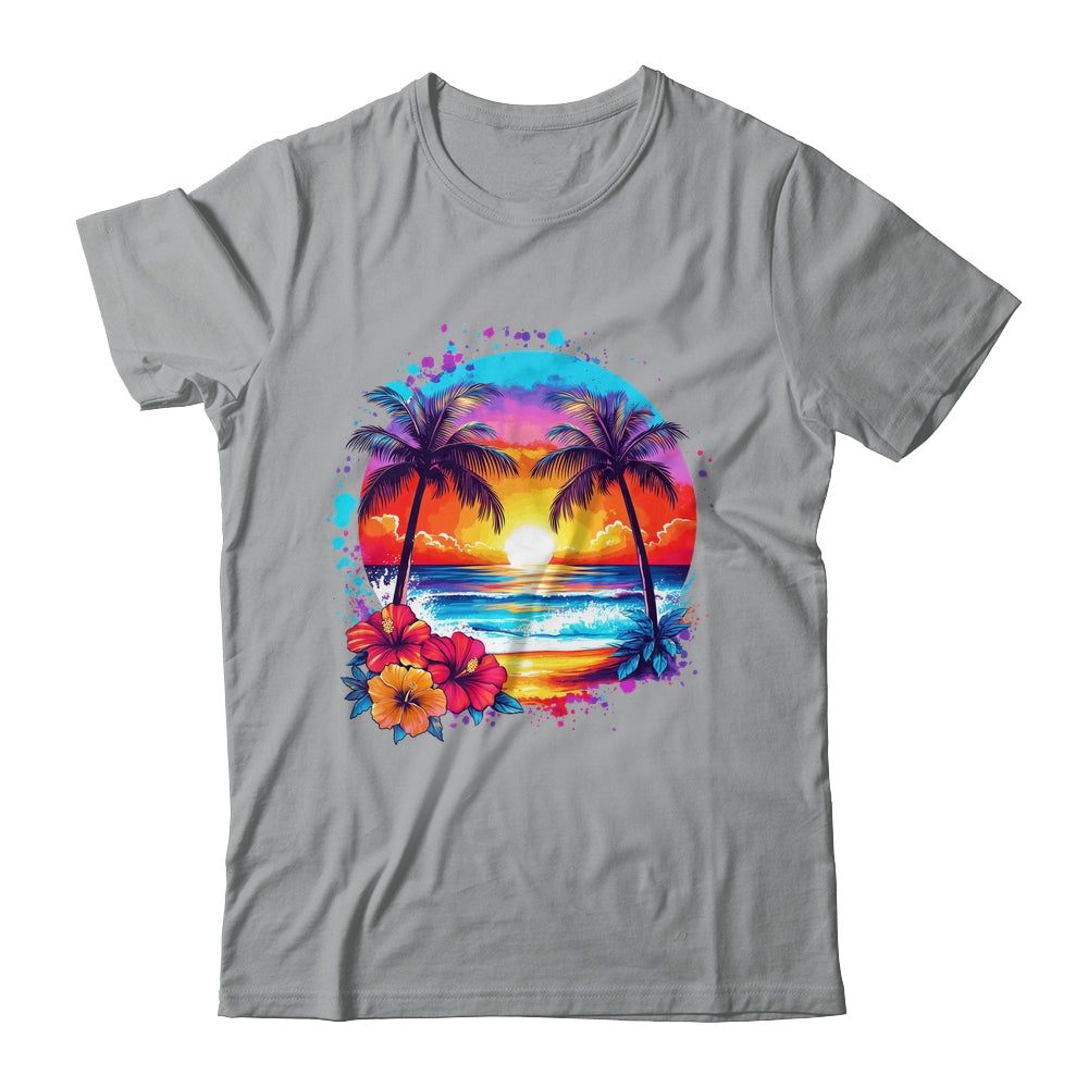 Summer Vacation Beach Palm Trees Hibiscus Flowers Sunset Shirt & Tank Top | teecentury