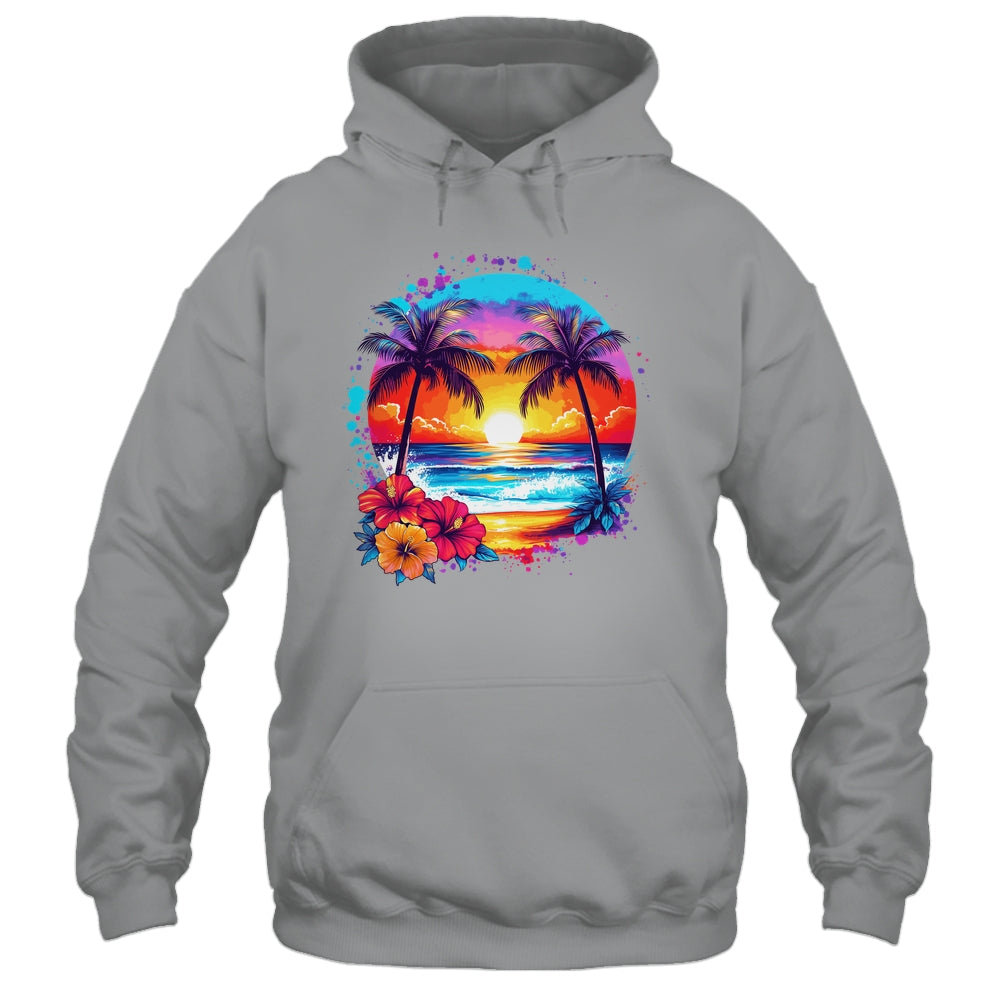 Summer Vacation Beach Palm Trees Hibiscus Flowers Sunset Shirt & Tank Top | teecentury