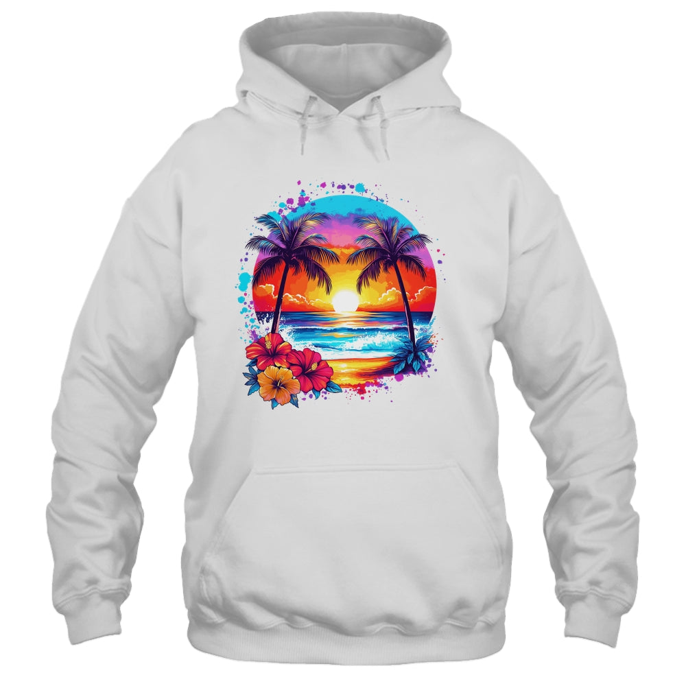 Summer Vacation Beach Palm Trees Hibiscus Flowers Sunset Shirt & Tank Top | teecentury