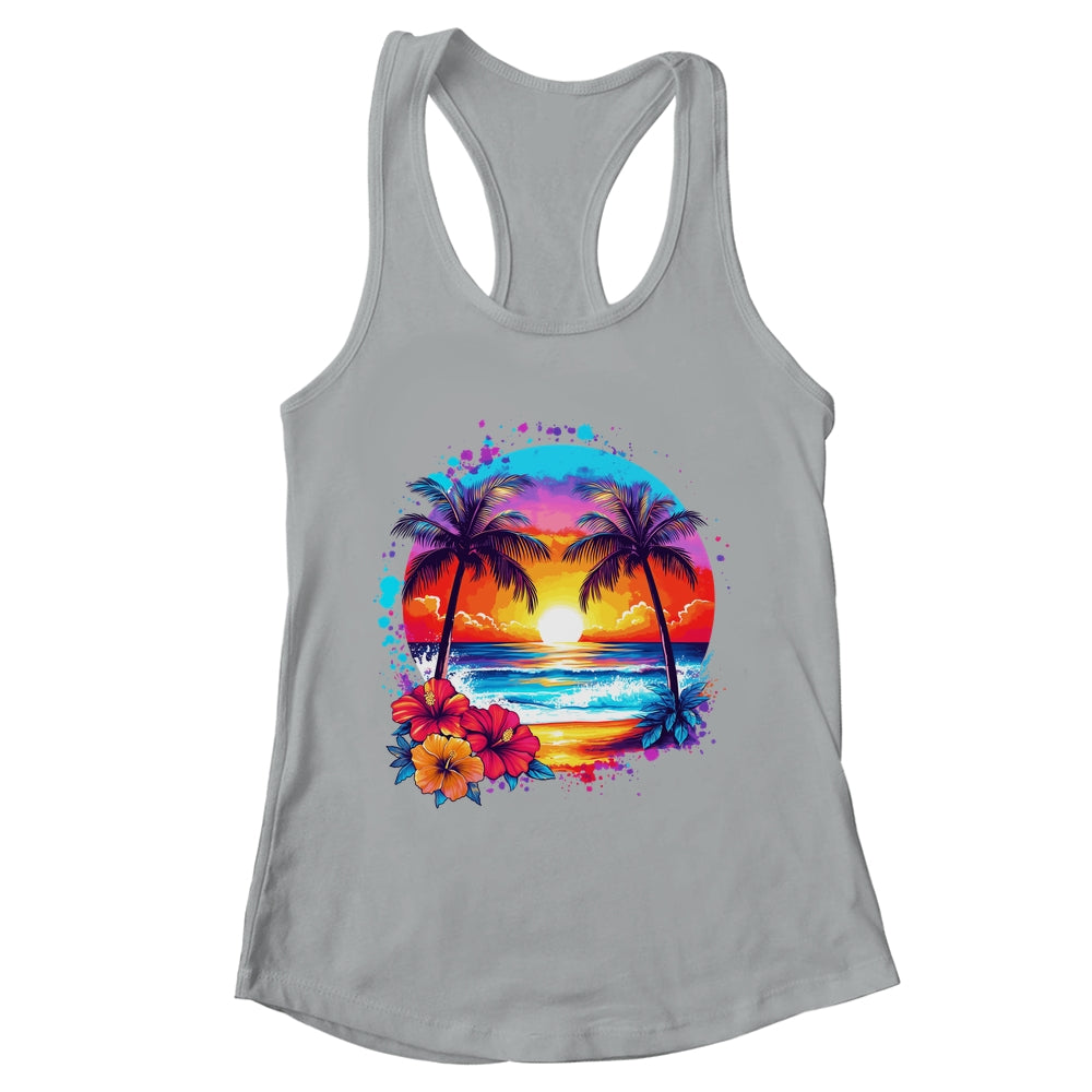 Summer Vacation Beach Palm Trees Hibiscus Flowers Sunset Shirt & Tank Top | teecentury