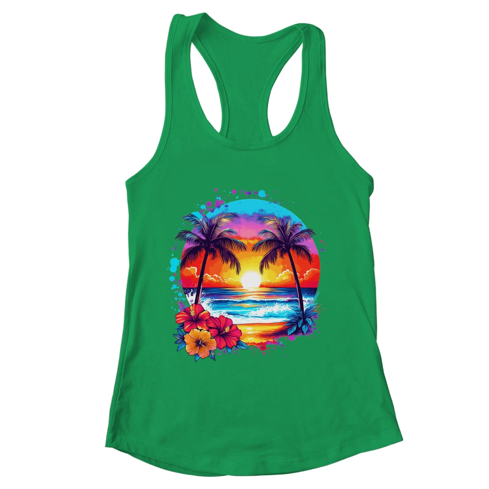 Summer Vacation Beach Palm Trees Hibiscus Flowers Sunset Shirt & Tank Top | teecentury