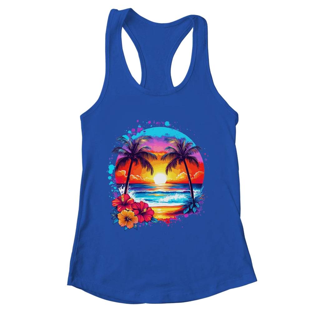 Summer Vacation Beach Palm Trees Hibiscus Flowers Sunset Shirt & Tank Top | teecentury