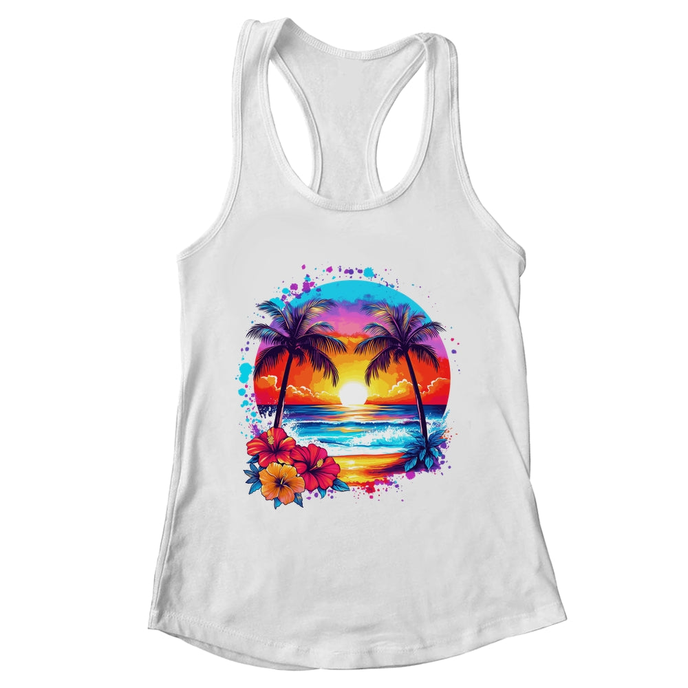 Summer Vacation Beach Palm Trees Hibiscus Flowers Sunset Shirt & Tank Top | teecentury