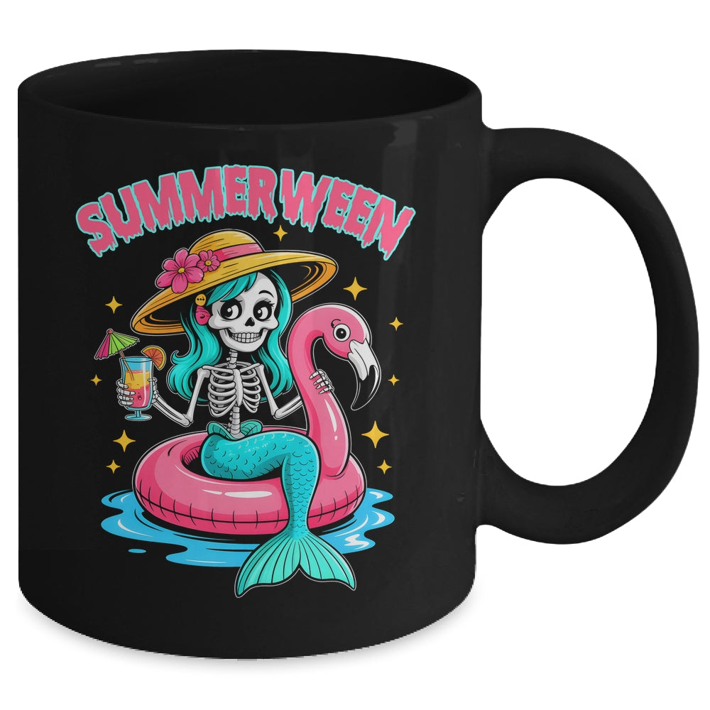 Summerween Mermaid Skeleton Halloween Flamingo Summer Vacay Mug | teecentury