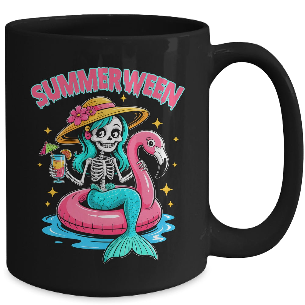 Summerween Mermaid Skeleton Halloween Flamingo Summer Vacay Mug | teecentury