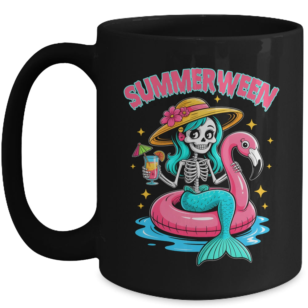 Summerween Mermaid Skeleton Halloween Flamingo Summer Vacay Mug | teecentury