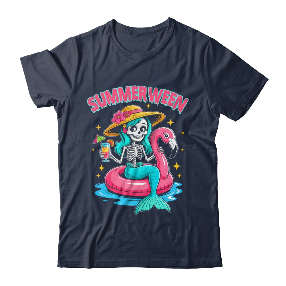 Summerween Mermaid Skeleton Halloween Flamingo Summer Vacay Shirt & Tank Top | teecentury