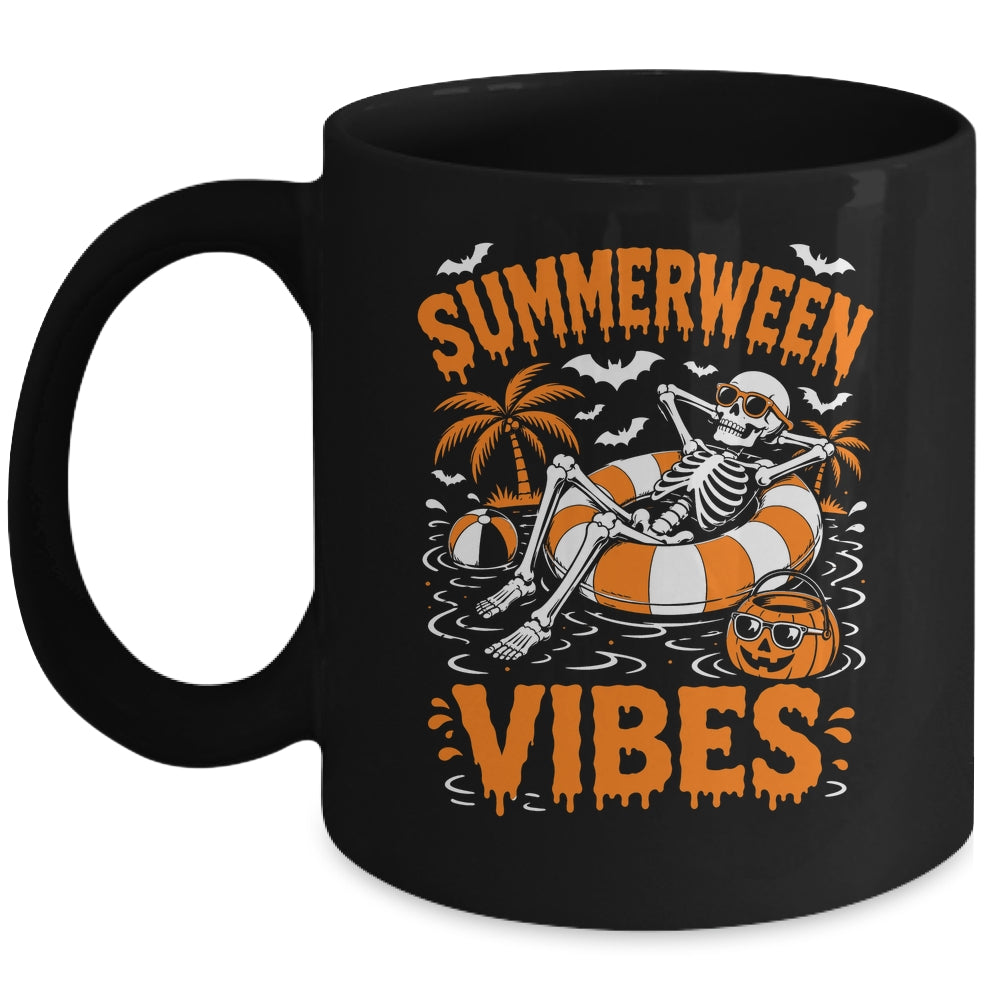 Summerween Vibes Skeleton Floating Pool Pumpkin Halloween Mug | teecentury