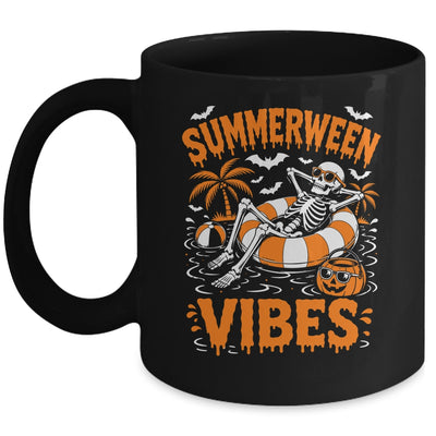 Summerween Vibes Skeleton Floating Pool Pumpkin Halloween Mug | teecentury