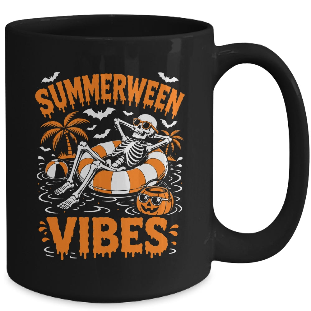 Summerween Vibes Skeleton Floating Pool Pumpkin Halloween Mug | teecentury
